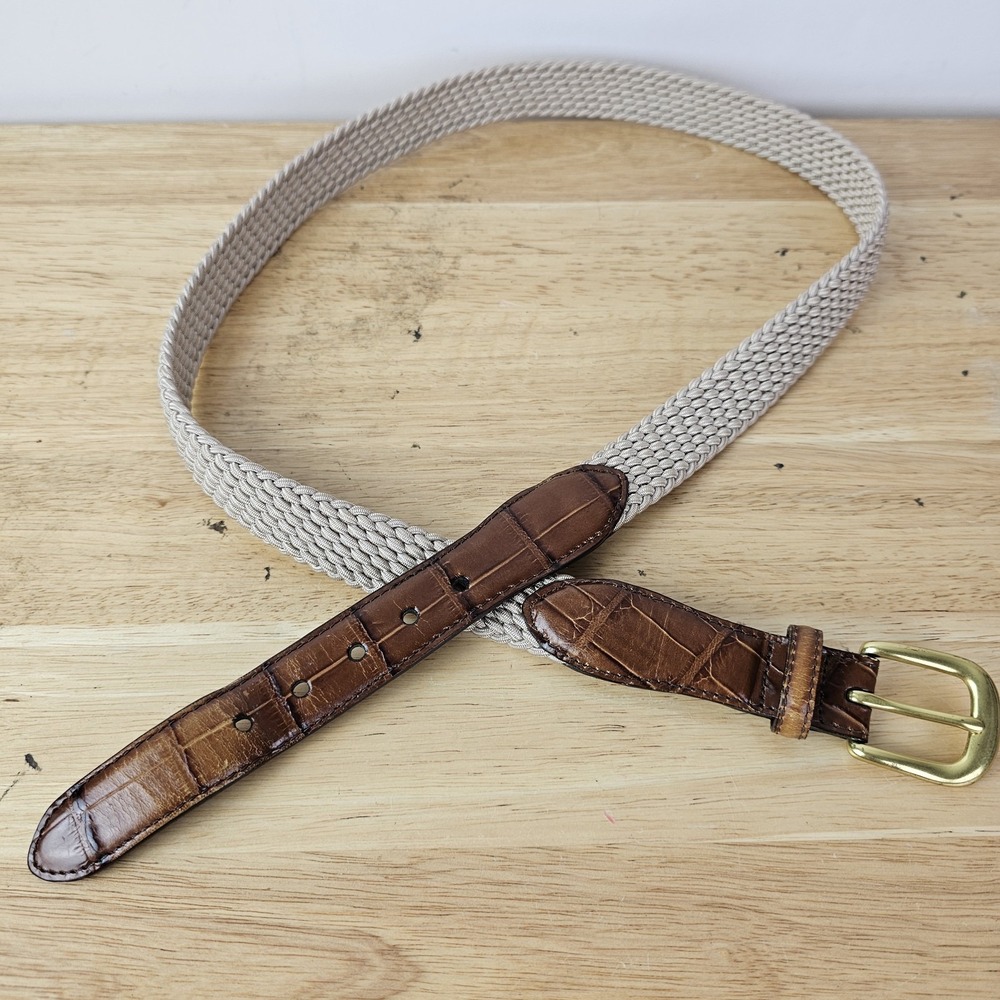 Brighton Mens 42 Brown‎ Leather Woven Stretch Belt Gold Buckle Croc Trim 3350